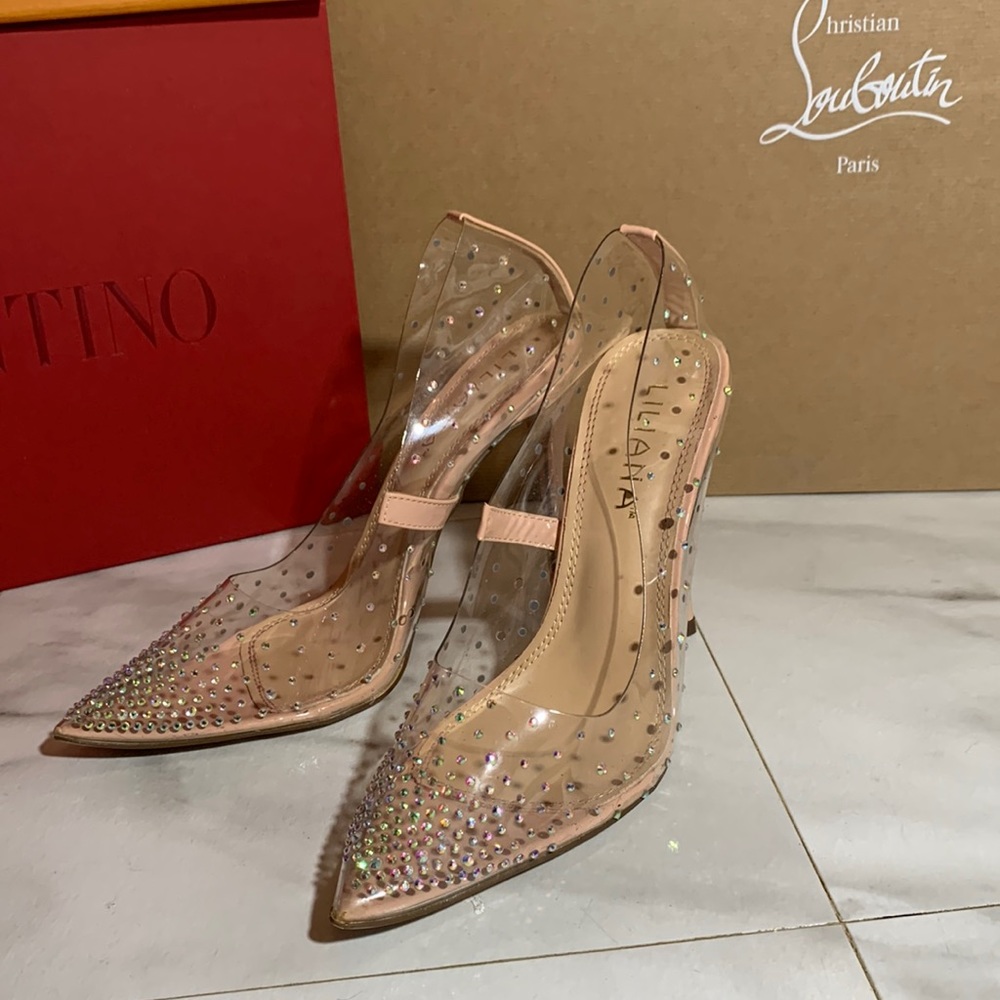 SPARKLE GLASS SLIPPER CLEAR PUMPS 8 1/2 8.5 GLITTER BLING PARTY HEELS